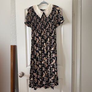Karin Stevens Black Floral Midi Dress with Cream Lace Collar